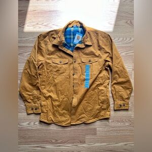 Lands' End Men SHIRT JACKET Large Camel Brown Blue Flannel Lined NEW